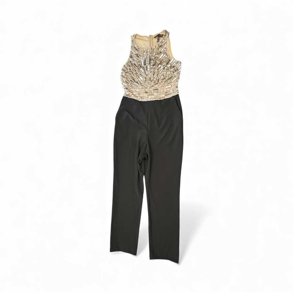 AIDAN MATTOX Black Nude Silver Sequin Embellished Sleeveless Pant Jumpsuit 4 NEW